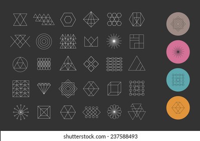 Set of 30 geometric shapes. Trendy hipster retro backgrounds and logotypes.