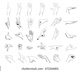 Set of 30 gestures. Woman's hand. Vector outline illustration.