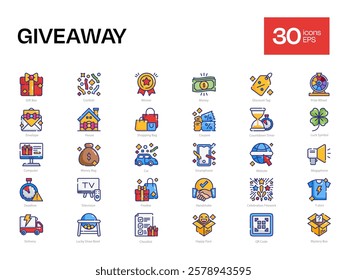 Set of 30 Giveaway Icons, Including Celebration Firework, Freebie, Gift Box, and More – Vector Illustrations