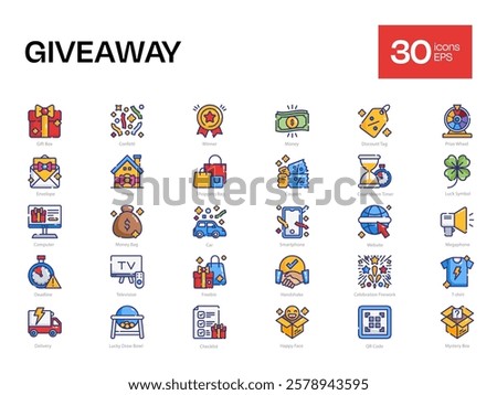 Set of 30 Giveaway Icons, Including Celebration Firework, Freebie, Gift Box, and More – Vector Illustrations