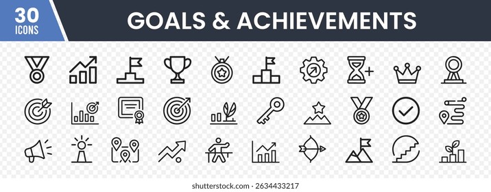 Set of 30 Goal and Achievement Icons Featuring Trophies, Medals, Targets, Flags on Mountains, Checkmarks, Stopwatches, Graphs, and Crowns for Success Visualization and Motivation