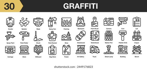Set of 30 graffiti icon set. Includes mask, paint, brush, bag, poster, knife, spray, and More. Outline icons vector collection. svg
