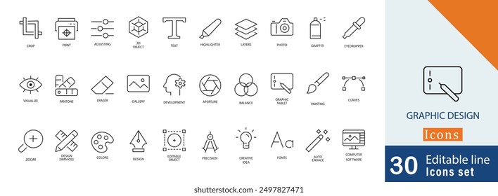 Set of 30 graphic design editable stroke icon set . containing balance, painting, curves, zoom, synthesis, color , layers, 3D, text and more editable icons