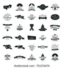 Set of 30 greeting logos with New Year and Christmas 2018. Black and white logos, lettering of Christmas greetings.