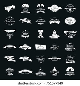 Set of 30 greeting logos with New Year and Christmas 2018. White logo on a black background, summering of Christmas and New Year greetings.