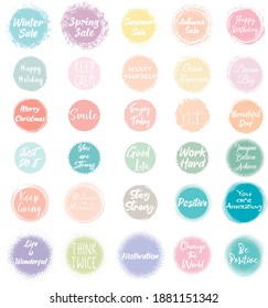 Set of 30 Grunge Vector Circles. Vintage stamps. Round Brush Spots in pastel colors with motivation phrases