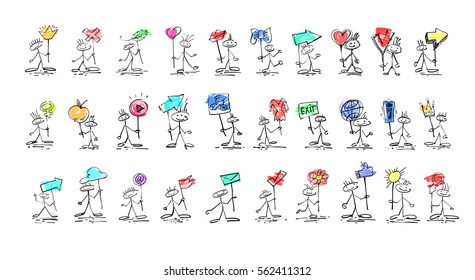 set of 30 hand drawing sketch human smile stick figure with different signs, unique simple icon collection doodle cute miniature, vector illustration