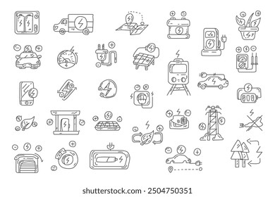 Set of 30 hand drawn doodle icons about electric vehicles, charging stations, and renewable energy