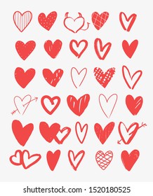 Set of 30 hand drawn simple hearts. Decorative design elements for Valentine's y card, poster, ect.