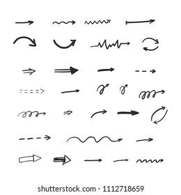 Set of 30 hand drown arrows. Black on white background. Sketch vector illustration. Navigation elements for websites or applications. Easy to edit design template for your artworks.