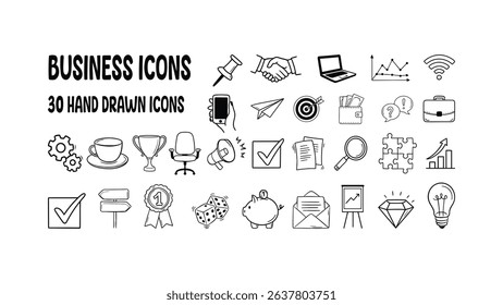 A set of 30 hand-drawn business icons featuring elements like laptops, charts, trophies, coffee cups, and more. Ideal for use in infographics, web design, presentations, and marketing materials.