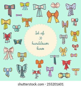 Set of 30 handdrawn vintage bows with ribbons. Vector illustration eps 10