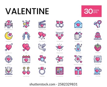 Set of 30 Happy Valentine's Day Icons, Including Chocolate Box, Couple, Cupid's Arrow, and More – Vector Illustrations