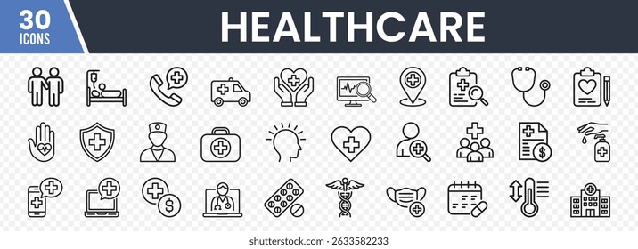 Set of 30 Healthcare Icons Featuring Medical Tools, Patient Care Symbols, Heart Rate Monitors, and Telemedicine Graphics for Hospitals, Clinics, and Digital Health Applications