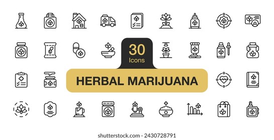 Conjunto de 30 juegos de elementos de icono de marihuana herbal. Incluye Producto de Cannabis, Marihuana, Extracción, Clínica, Aceite de Cbd, Semillas de Cannabis, Aceite y Más. Colección de vectores de iconos de contorno.