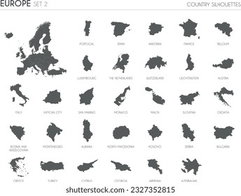 Set of 30 high detailed silhouette maps of European Countries and territories, and map of Europe vector illustration.