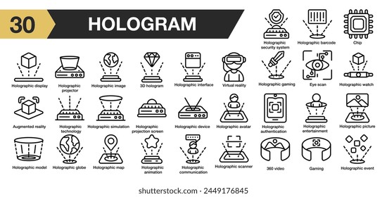 Set of 30 Hologram icon set. Includes map, moder, gaming, scan, chip, globe, watch, and More. Outline icons vector collection.