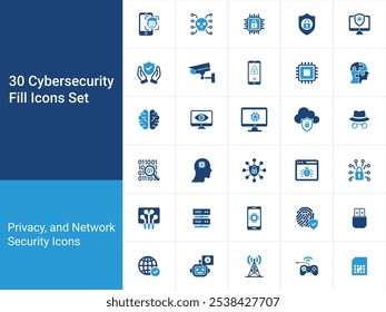 A set of 30 icons Cybersecurity, privacy, and technology concepts, including, data protection, digital identity, and network communication.