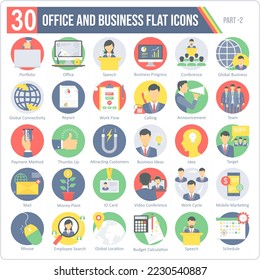 A set of 30 icons for office, business and day to day business activities including planning, meeting, strategy and so on