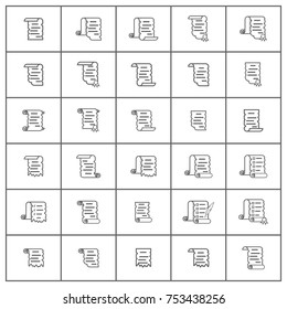 Set of 30 icons of papers and scrolls on a white background