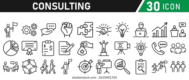 Set of 30 icons related to consulting. Linear icon collection. Editable stroke. Vector illustration collection