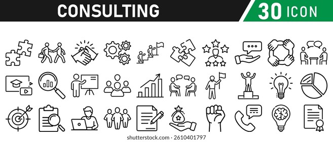 Set of 30 icons related to consulting. Linear icon collection. Editable stroke. Vector illustration collection