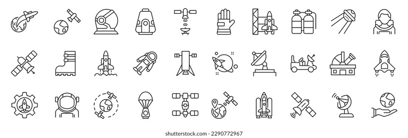 Conjunto de 30 iconos relacionados con el espacio y la astronomía. Colección de símbolos de esquema. Trazo editable. Ilustración del vector