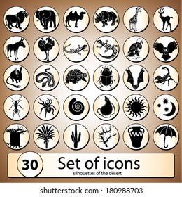 Set from 30 icons of silhouettes. Symbols of the desert.
