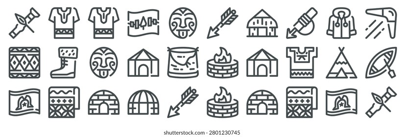 Set of 30 indigenous people thin line vector icons including teepee, wigwam, arrow, blowgun, yurt, igloo, boomerang, maori, inuit, batik, traditional cultural symbols