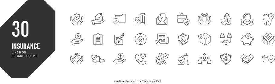 A set of 30 insurance line icons. Conceptual vector illustration consisting of protection, security, and safety symbols.