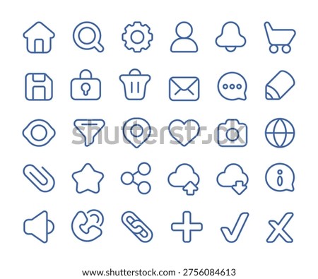 Set of 30 interface line icons for web and mobile UI design. Collection of blue bold lineart elements and symbols.