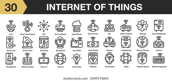 Set of 30 internet of things icon set. Includes hifi, internet, setting, smart tv, wifi, washing, and More. Outline icons vector collection.