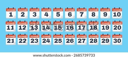 A set of 30 isolated calendar icons, showing every date of the month of November