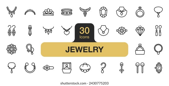 Juego de 30 elementos de icono de joyería. Incluye anillo, corona, diamante, anillo real y más. Colección de vectores de iconos de contorno.