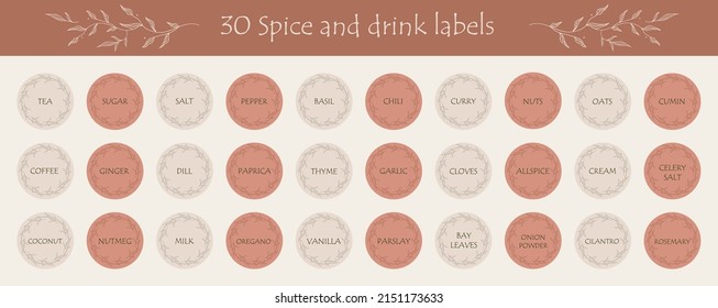 A set of 30 labels for spice and drink. Food stickers for marking jars and containers. Organization of pantry space.