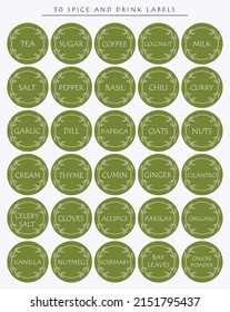 A set of 30 labels for spice and drink. Food stickers for marking jars and containers. Organization of pantry space.