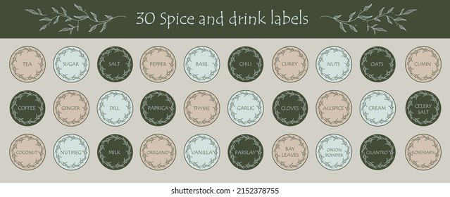 A set of 30 labels for spice and drink. Food stickers for marking jars and containers. Organization of pantry space.