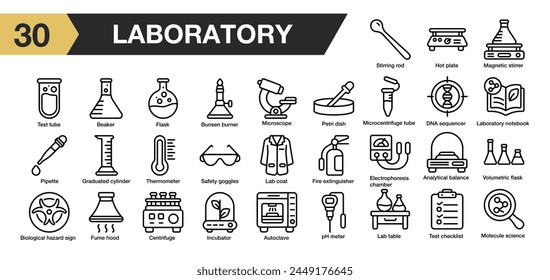 Set of 30 laboratory icon set. Includes flask, incubator, table, ph meter, tube, beaker, and More. Outline icons vector collection.