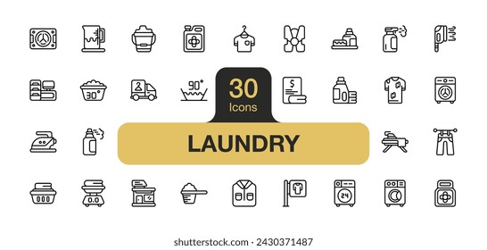 Set of 30 Laundry icon element sets. Includes Washing Machine, Jeans, Shirt, Delivery Truck, Chlorine, Clothespin, Sign, Detergent, and More. Outline icons vector collection. svg