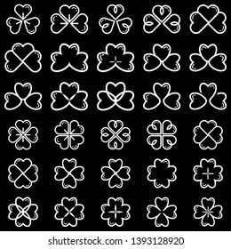 Set of 30 leaf clover icon. White shamrock isolated on black background. Suitable for web site page and mobile app design vector element.