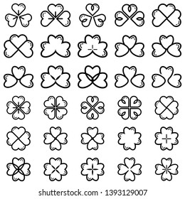 Set of 30 leaf clover icon. Black shamrock isolated on white background. Suitable for web site page and mobile app design vector element.