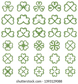 Set of 30 leaf clover icon. Green shamrock isolated on white background. Suitable for web site page and mobile app design vector element.