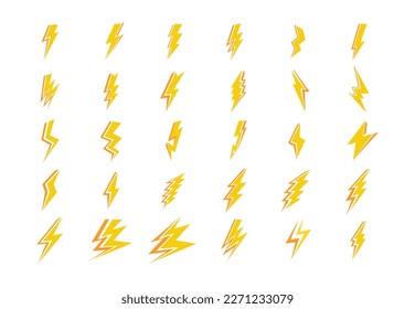 Set of 30 Lightning flat icons. Thunderbolts icons isolated on white background. Vector illustration