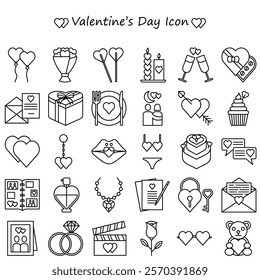 A set of 30 line art icons for Valentine's Day. Featuring symbols of love like hearts, couples, gifts, and more, perfect for web and mobile design, and any project related to love and romance.