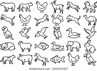 A set of 30 line art illustrations depicting various domestic animals including a cat, dog, horse, pig, duck, chicken, rabbit, camel, and more.