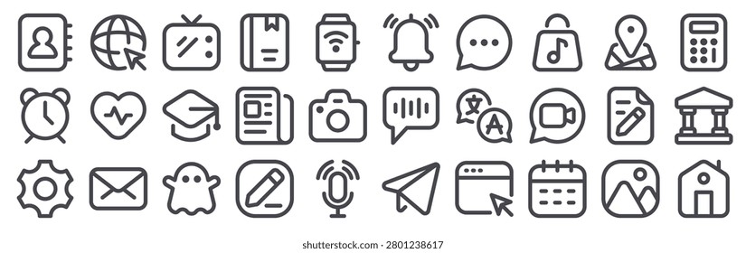 Set of 30 line homescreen thin stroke web icons including contact, mail, podcast, book, translate, calendar, camera, music, news, calculator in outline vector format