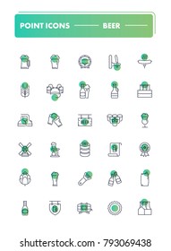  Set of 30 line icons. Beer collection. Vector illustration with drink and food elements for bar, pub or restaurant.
