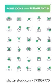 Set of 30 line icons. Cafe and restaurant collection. Vector illustration with food and drink, includes elements for bar and pub