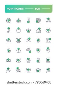 Set of 30 line icons.  Eco collection. Vector illustration for green energy and ecology friendly life 