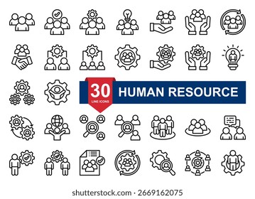 Conjunto de 30 ícones de linha de recursos humanos, trabalho em equipe, gerenciamento de funcionários, recrutamento, liderança, revisão de desempenho, colaboração, gerenciamento corporativo. Ilustração de vetor simples